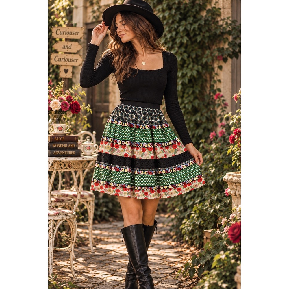 Disney Alice Through the Looking Glass Skirt S Whimsical Patchwork Floral Tiered